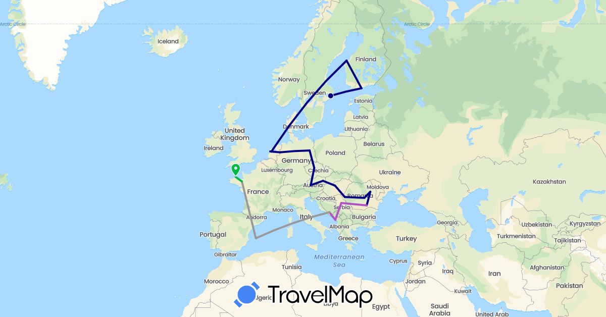TravelMap itinerary: driving, bus, plane, train in Austria, Bosnia and Herzegovina, Czech Republic, Germany, Spain, Finland, France, Hungary, Montenegro, Netherlands, Romania, Serbia, Sweden (Europe)